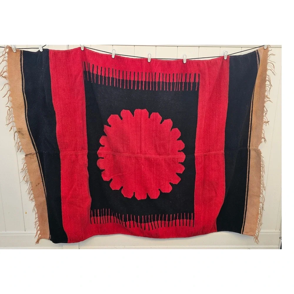 Vintage Handwoven Wool Textile Red Black Sunburst Southwestern Rug 72x56